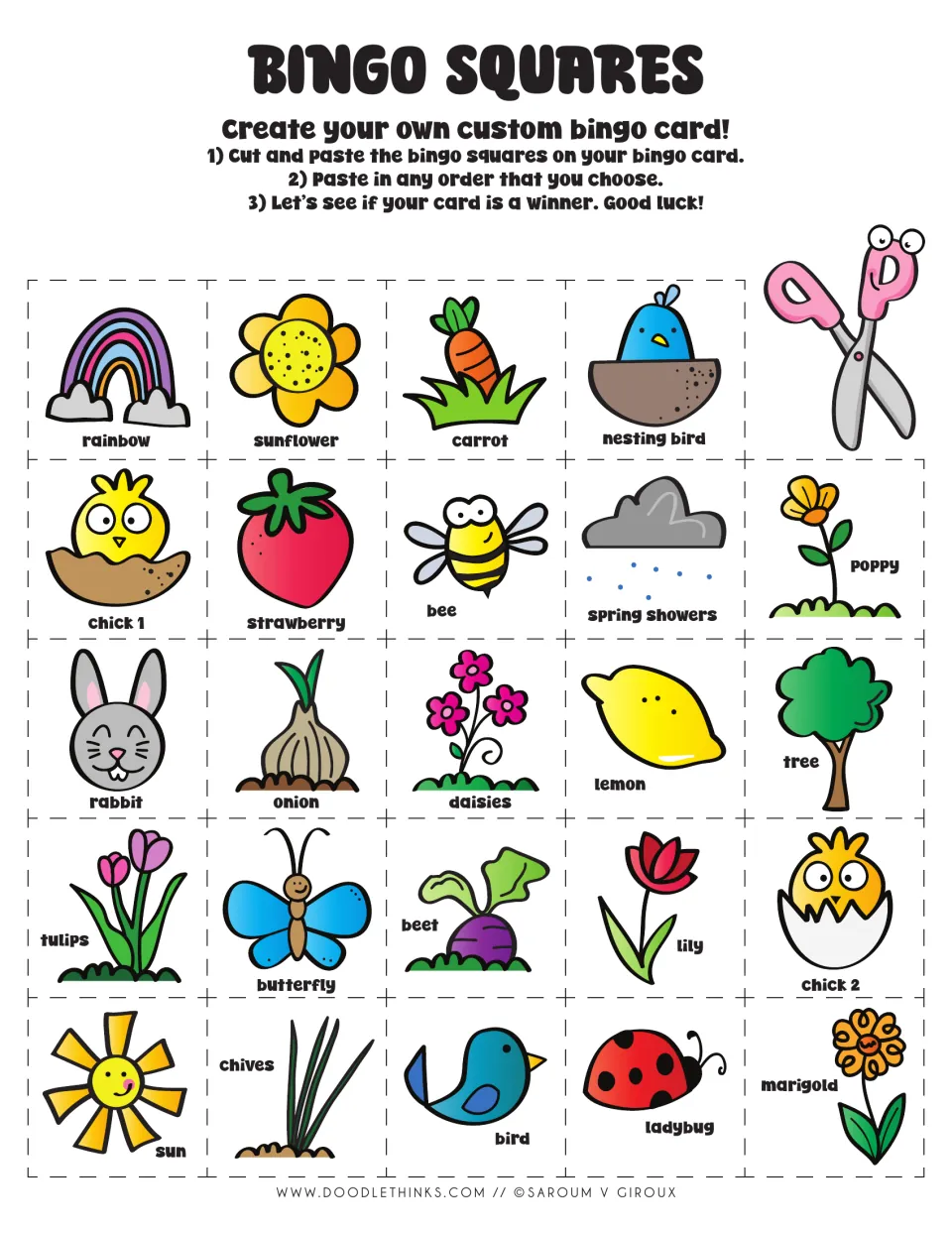 Bingo Squares in color: students cut out and paste 24 labeled spring pictures, from carrot and chick to lily and marigold