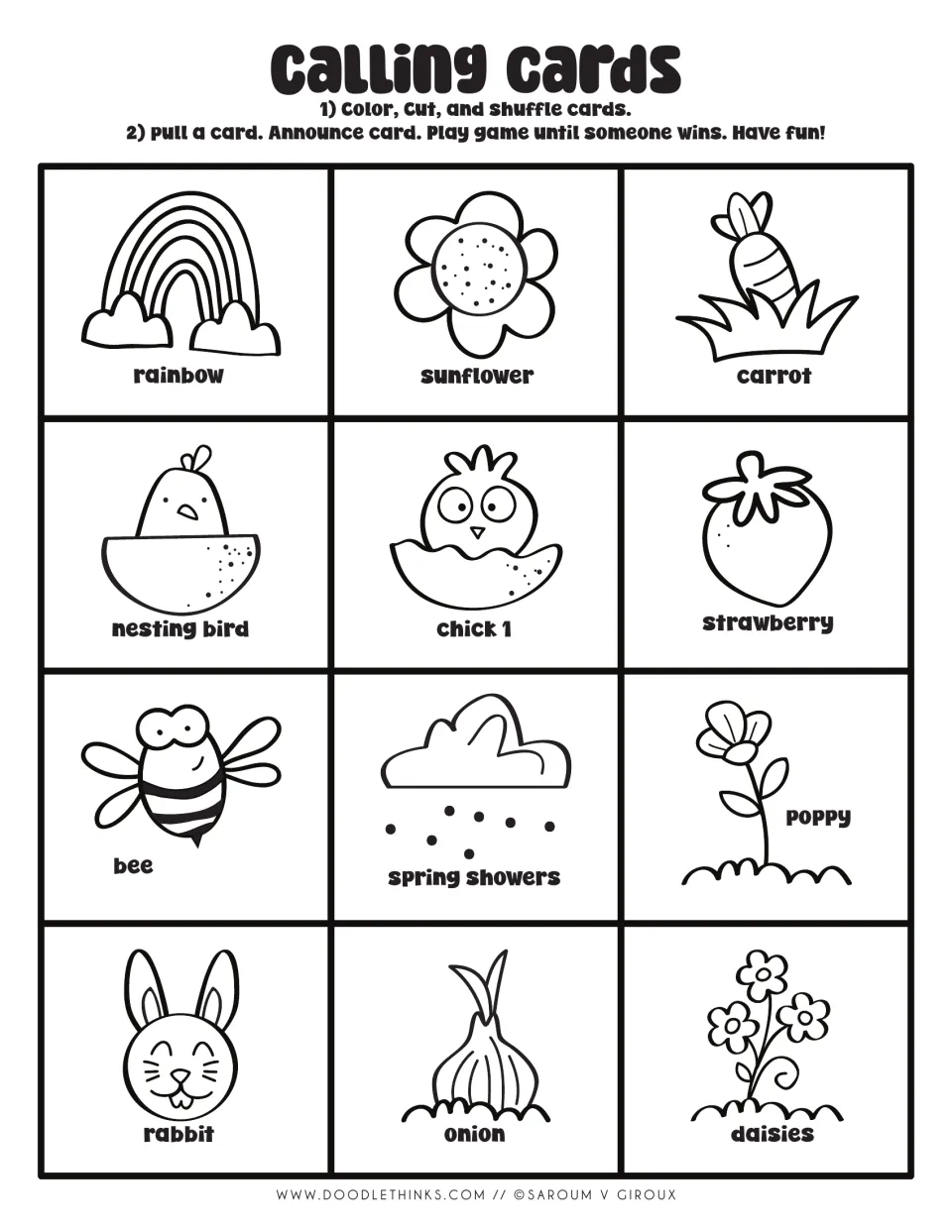 Calling cards to color, set 1: 12 labeled spring pictures from rainbow and sunflower to rabbit, onion and daisies