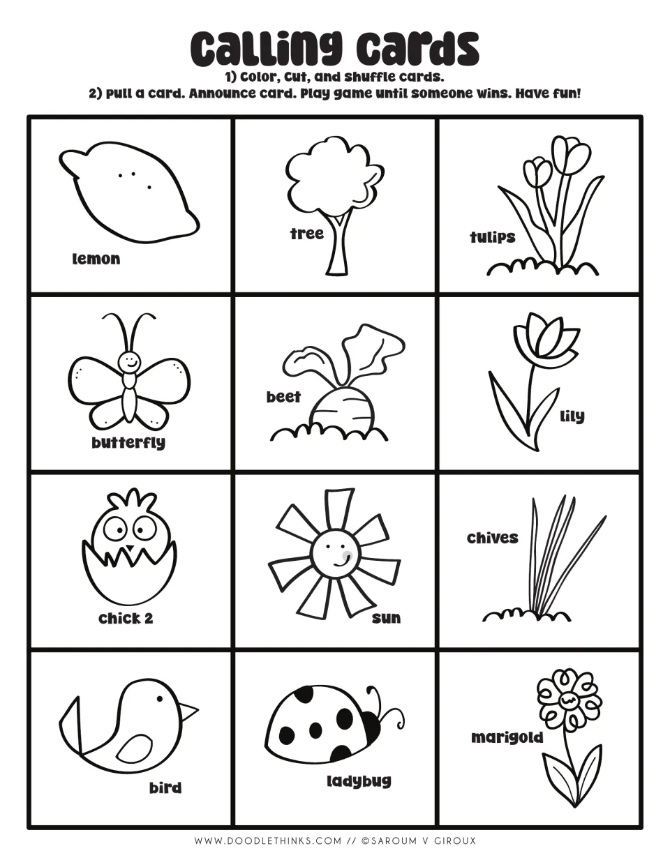 Calling cards to color, set 2: 12 labeled pictures including lemon, tree, tulips, beet, chick 2, sun, chives and ladybug