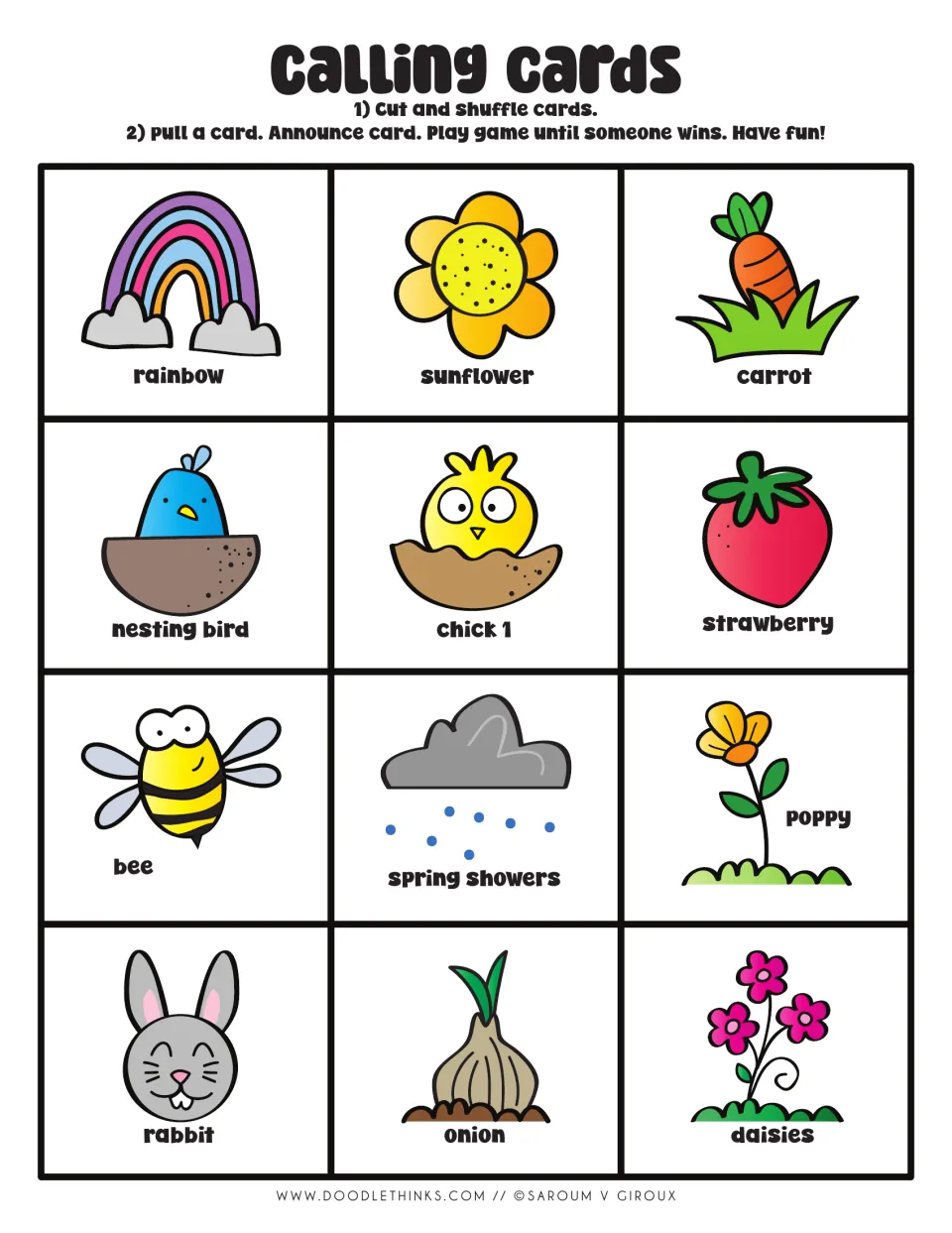 Color calling cards, set 1: rainbow, sunflower, carrot, nesting bird, chick 1, strawberry, bee, poppy, rabbit and daisies