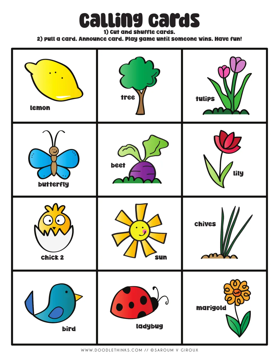 Color calling cards, set 2: lemon, tree, tulips, butterfly, beet, lily, chick 2, sun, chives, bird, ladybug and marigold