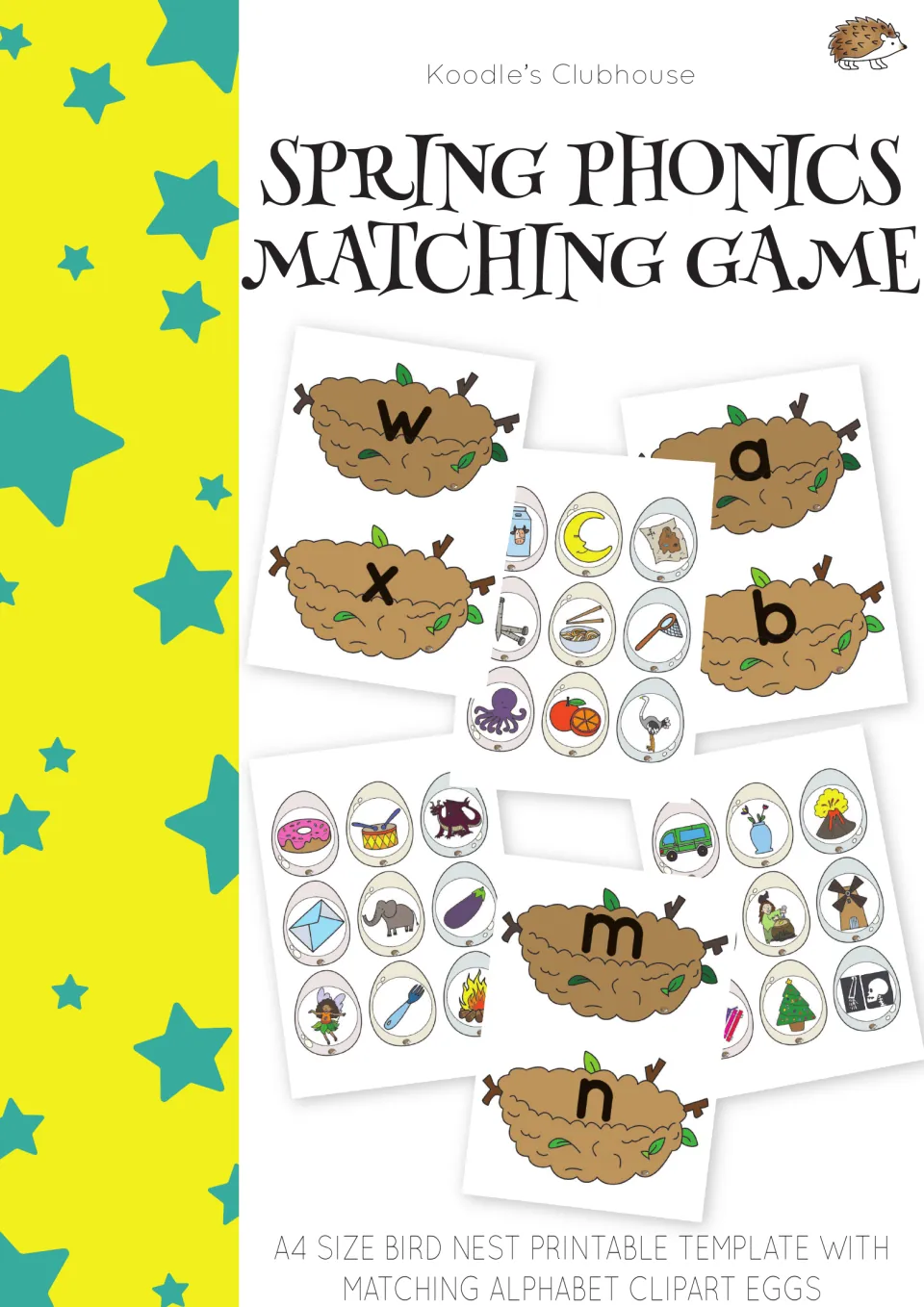 Spring Phonics Matching Game cover showing lowercase letter nests and picture eggs for alphabet matching