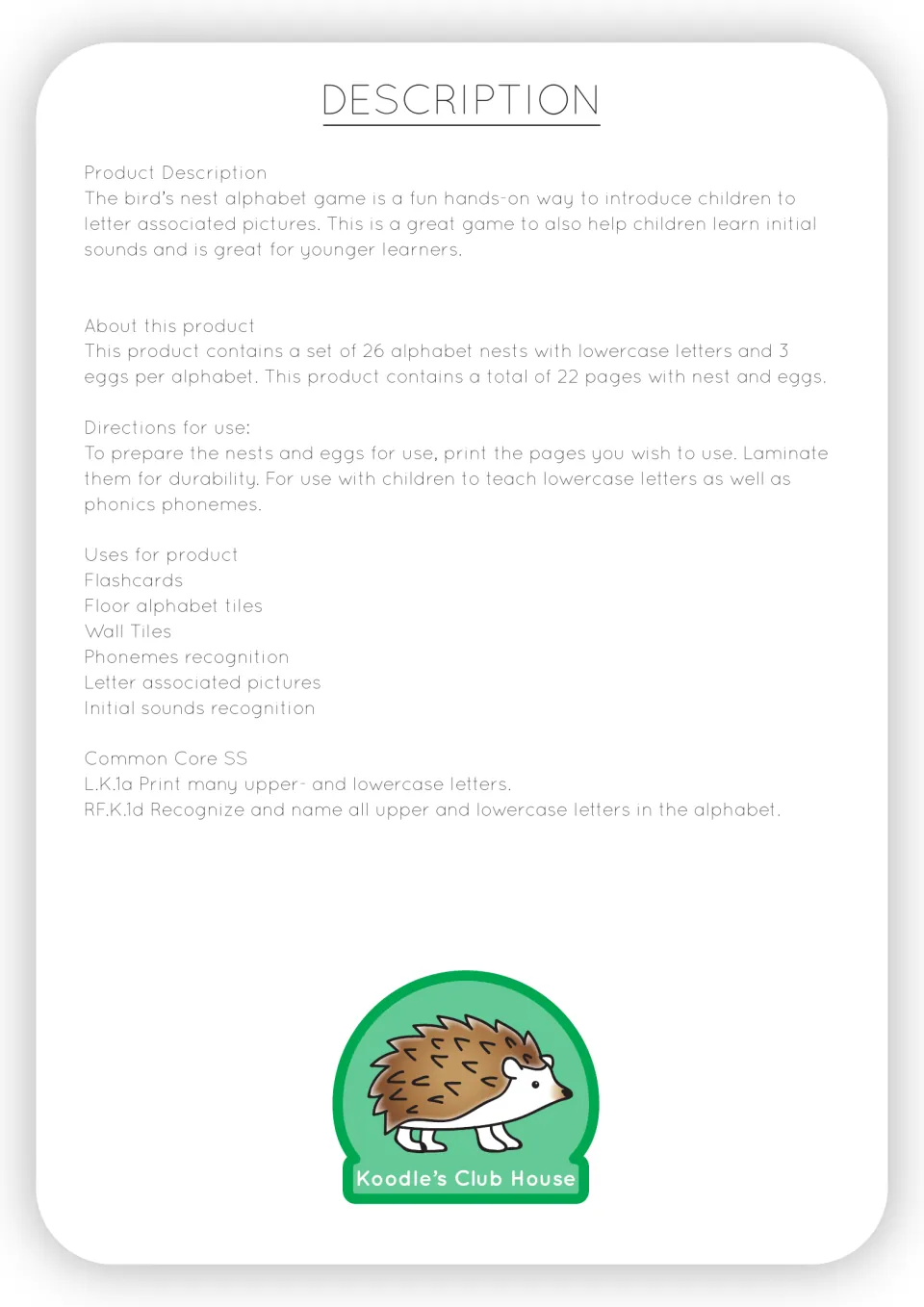 Game description lists 26 lowercase nests, three eggs per letter, printing directions, and phonics uses