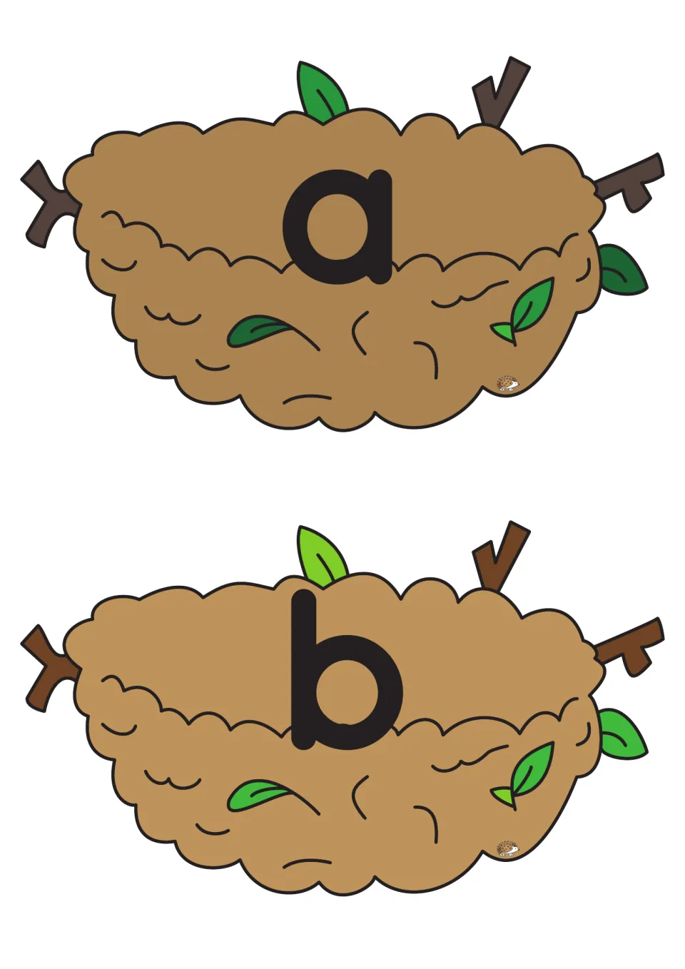 Lowercase a and b nest cards from the alphabet matching game, for pairing letters with picture eggs