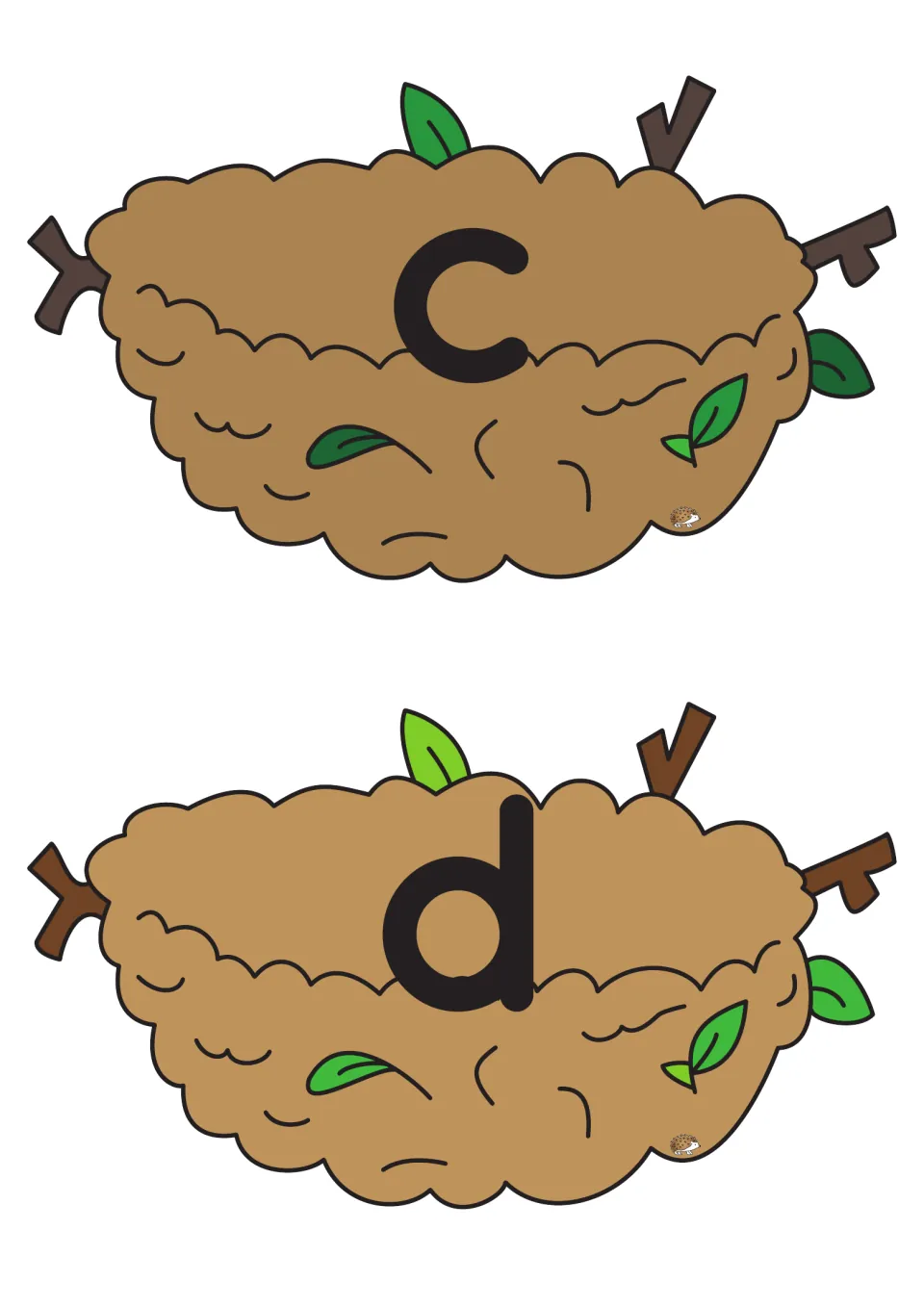 Lowercase c and d nest cards from the alphabet matching game, for pairing letters with picture eggs