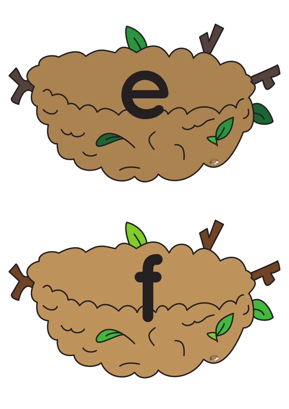 Lowercase e and f nest cards from the alphabet matching game, for pairing letters with picture eggs