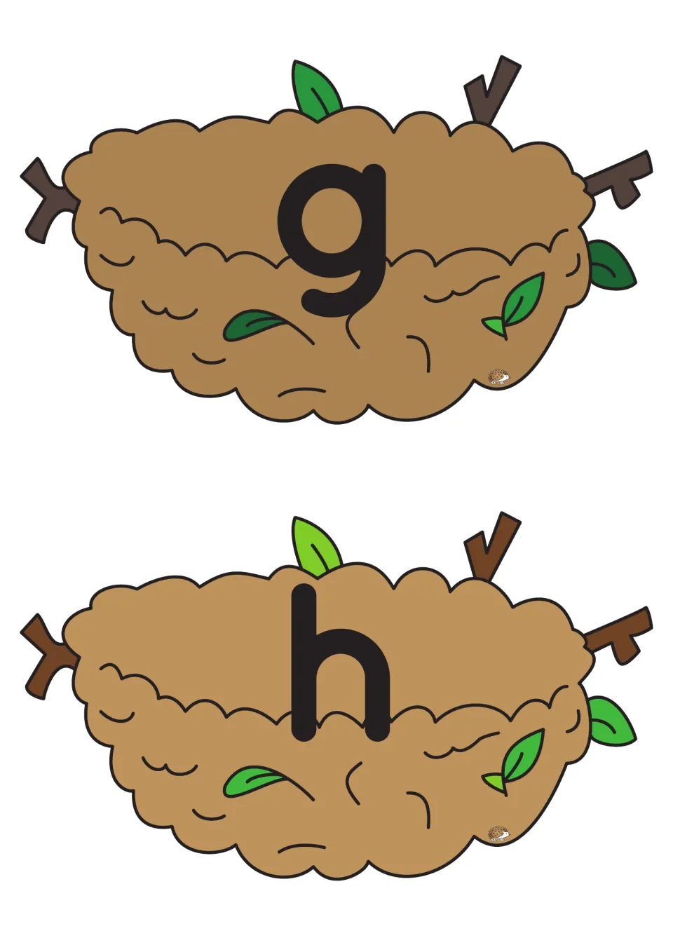 Lowercase g and h nest cards from the alphabet matching game, for pairing letters with picture eggs