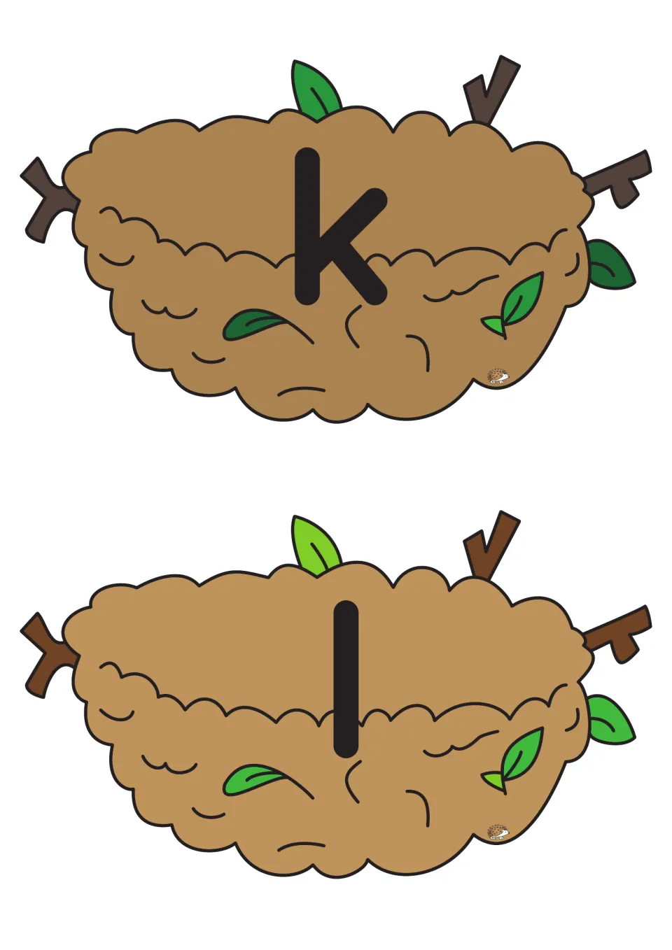 Lowercase k and l nest cards from the alphabet matching game, for pairing letters with picture eggs