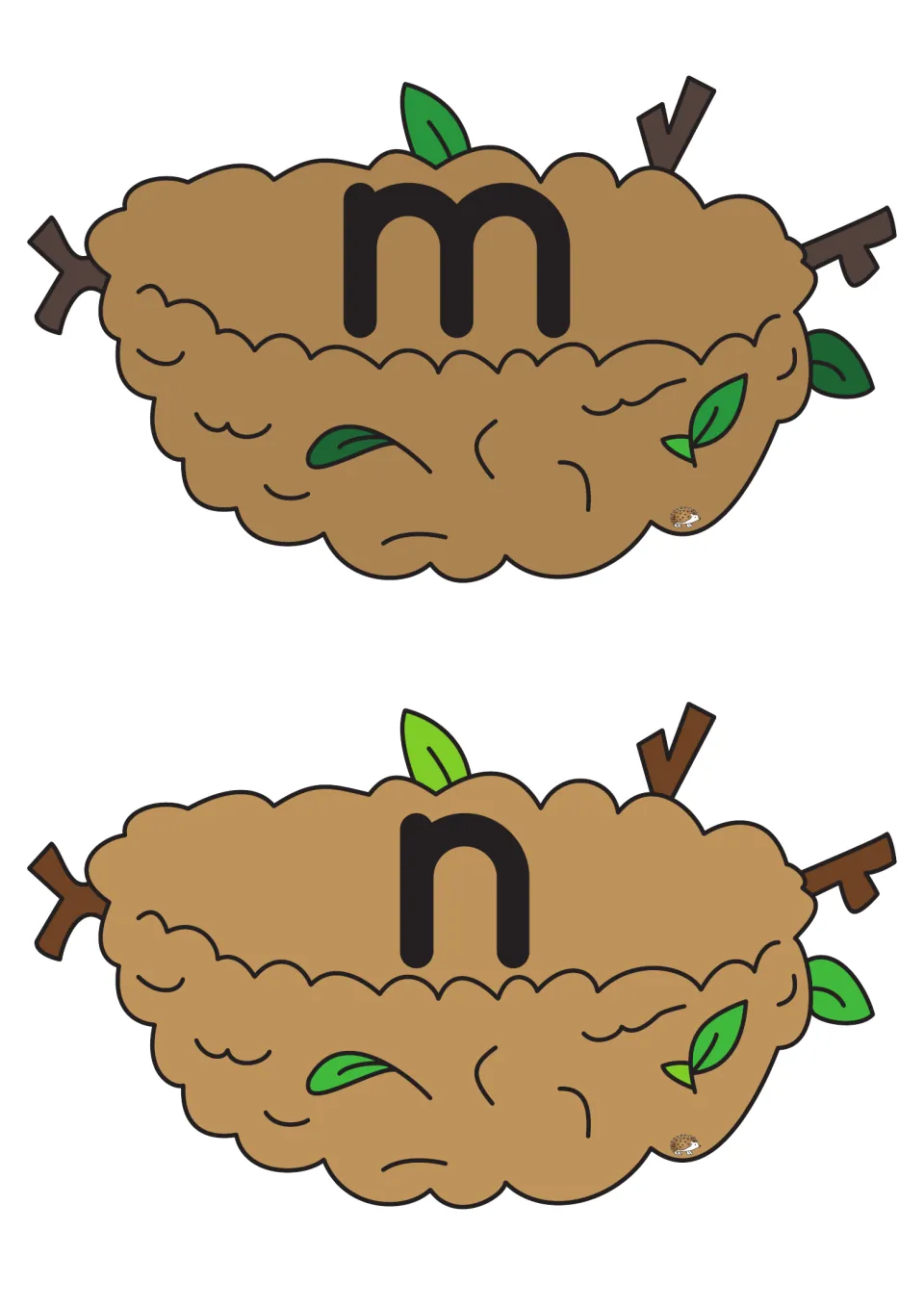Lowercase m and n nest cards from the alphabet matching game, for pairing letters with picture eggs