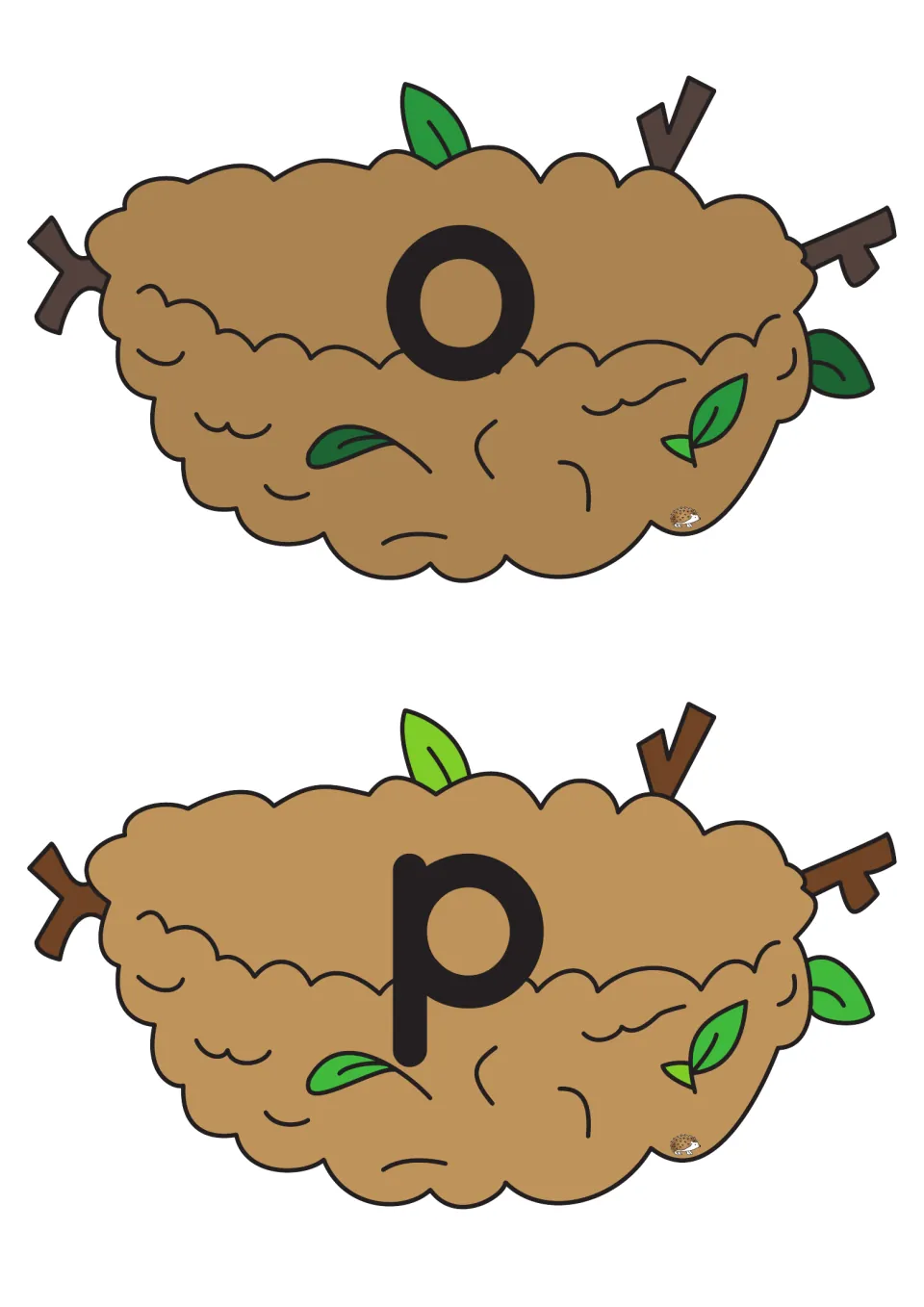 Lowercase o and p nest cards from the alphabet matching game, for pairing letters with picture eggs