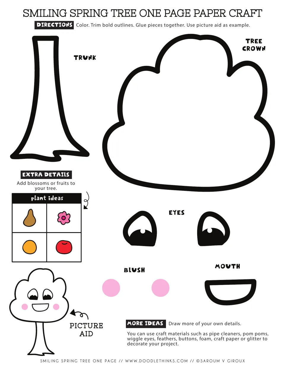 Smiling spring tree craft: students color, cut and glue a trunk, crown, eyes, blush and mouth, adding blossoms or fruits