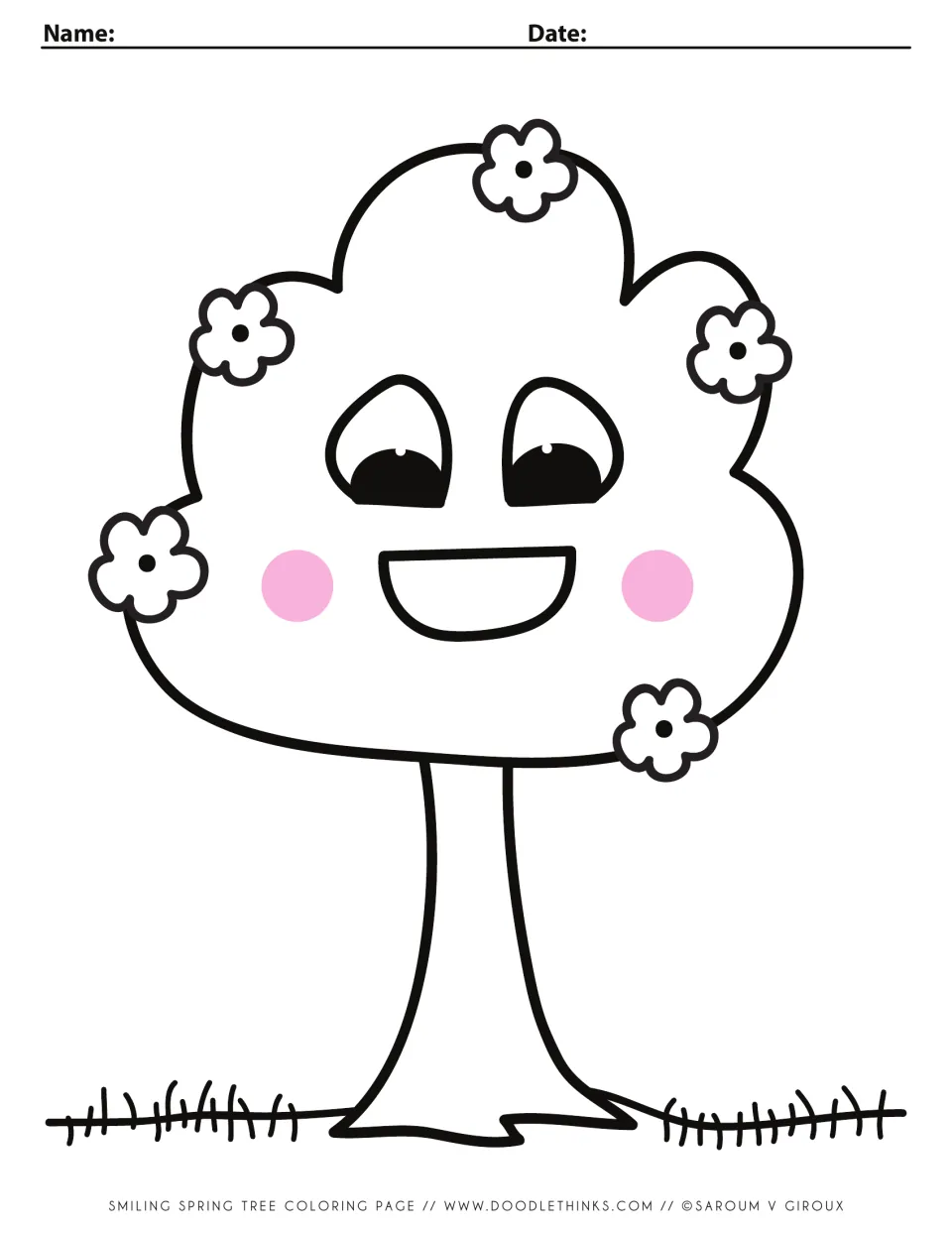 Smiling spring tree coloring page: students color a tree with a face, pink cheeks and five blossoms above grass