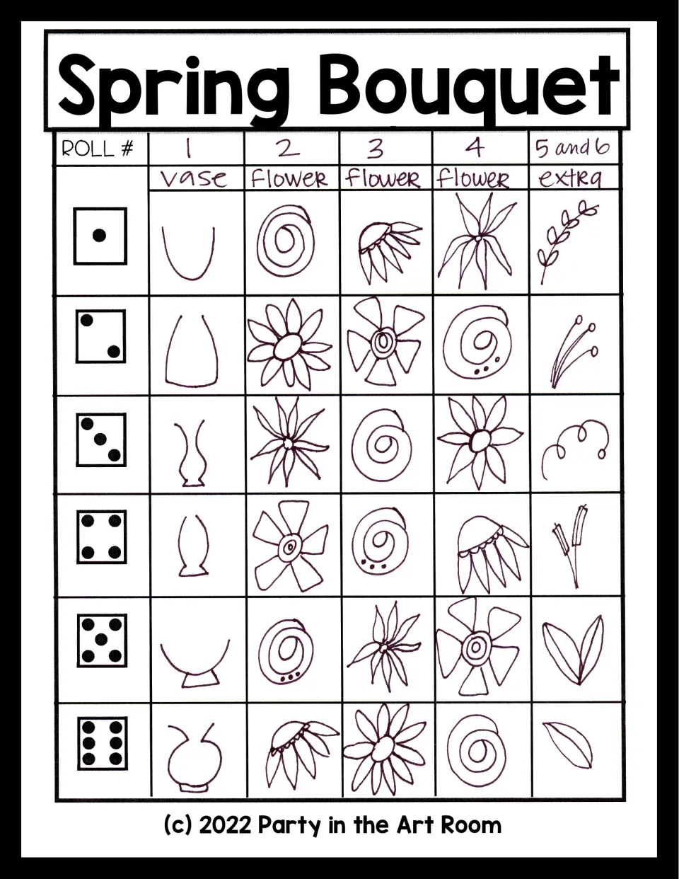 Spring bouquet roll-and-draw game, hand-drawn: rolls pick a vase, three flowers and extras from six die-face options each
