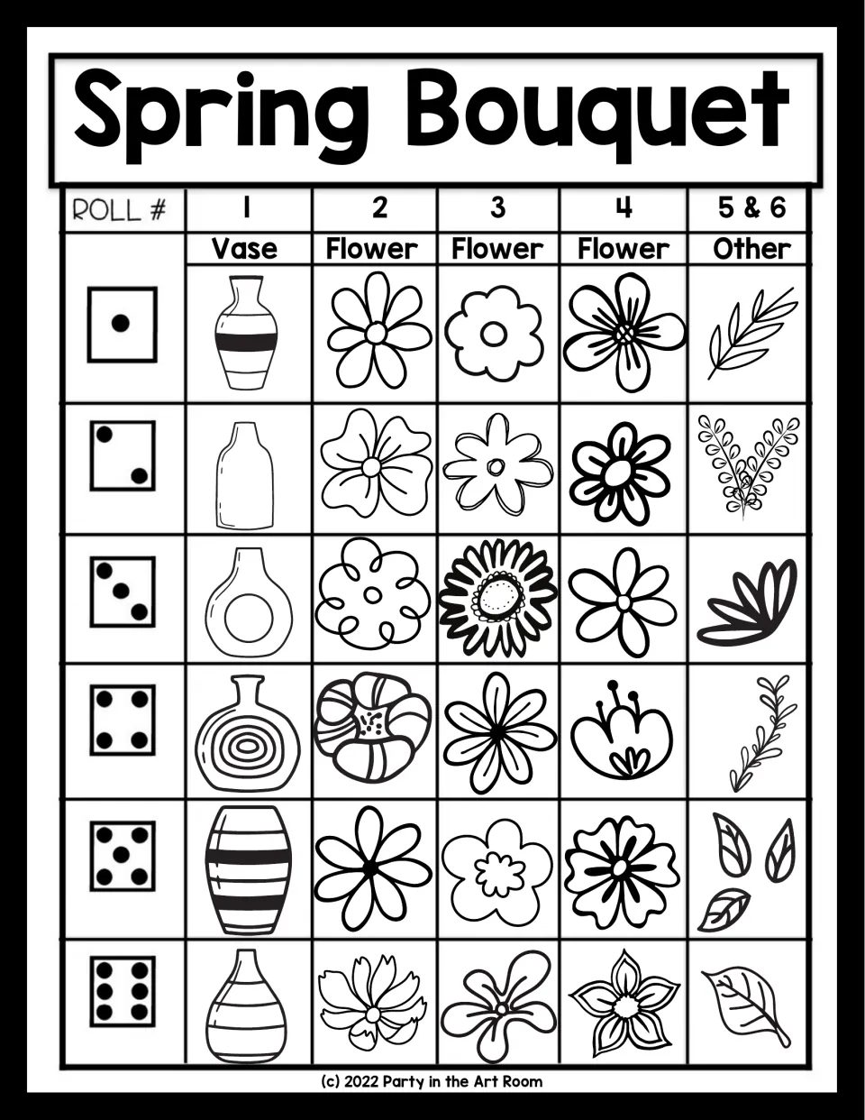 Clip-art roll-and-draw sheet: die rolls 1 to 6 pick a vase, three flowers and an Other item such as leaves or sprigs