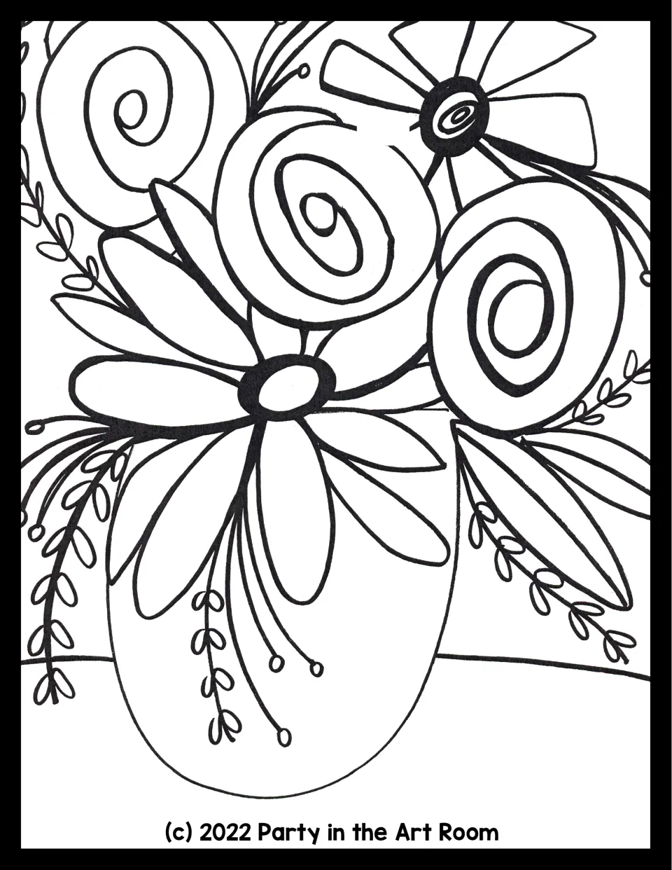 Coloring sheet: hand-drawn outline of spiral roses, a daisy, a pinwheel flower and leafy sprigs in a rounded vase