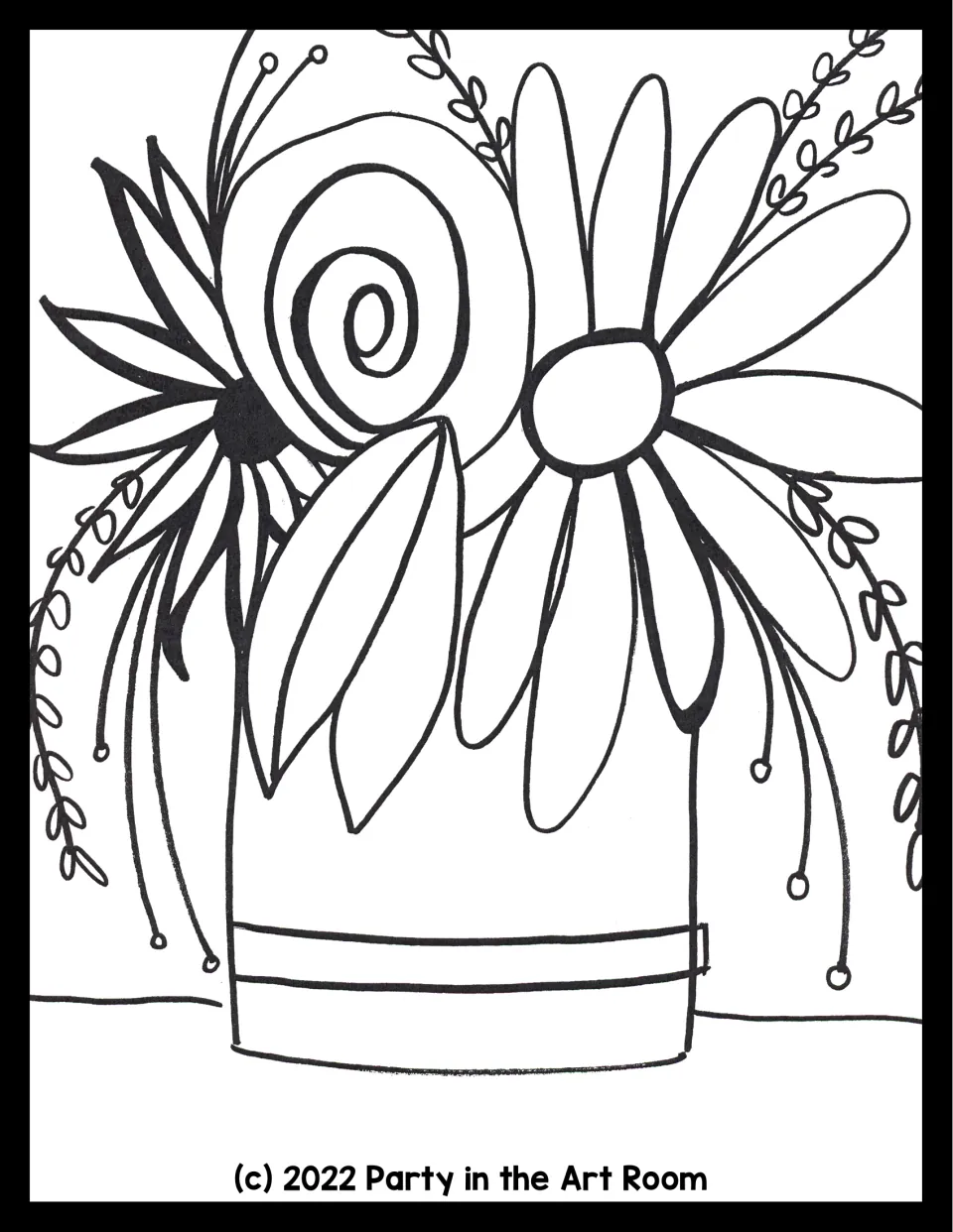 Coloring sheet outline of a spiral rose, two daisies, long leaves and dotted stems in a straight vase with a band