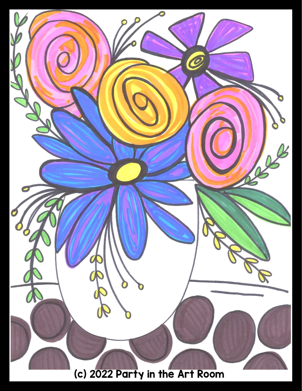 Finished example: bouquet colored with markers in pink, orange, yellow, purple and blue on a brown polka-dot tablecloth