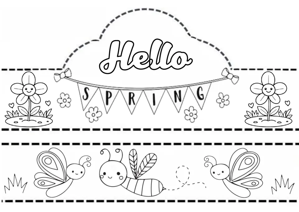 Spring crown template to color: 'Hello Spring,' with smiling flowers and a butterfly-and-bee hat band