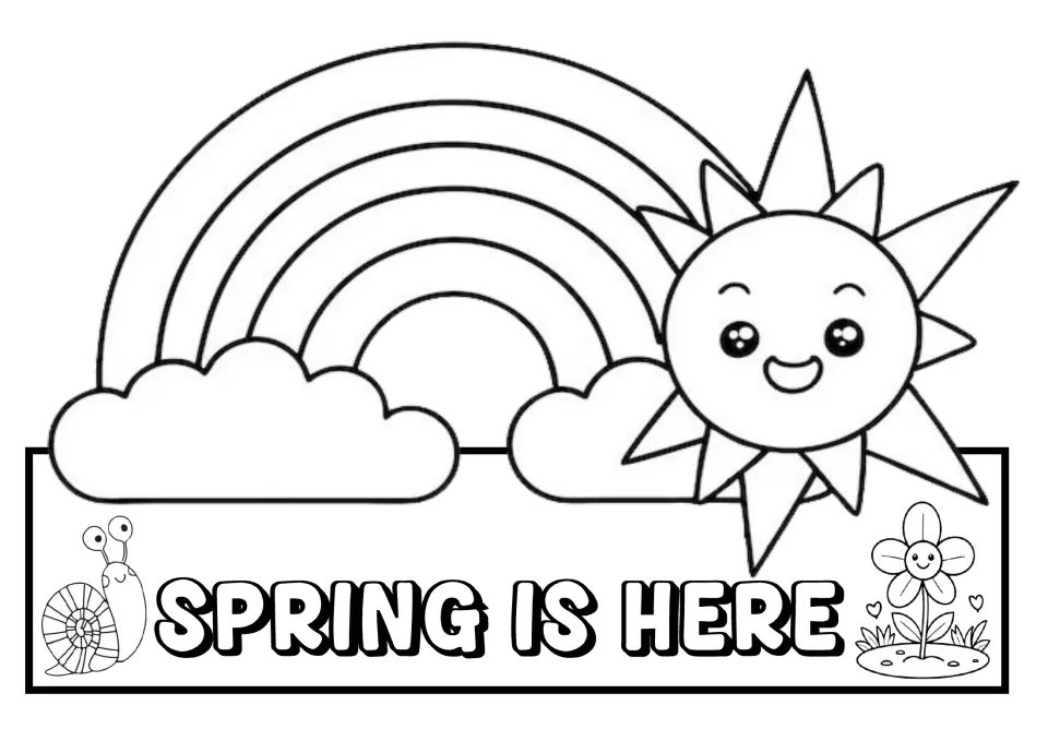 Spring hat template to color: 'Spring Is Here,' featuring a rainbow, clouds, smiling sun, snail, and flower