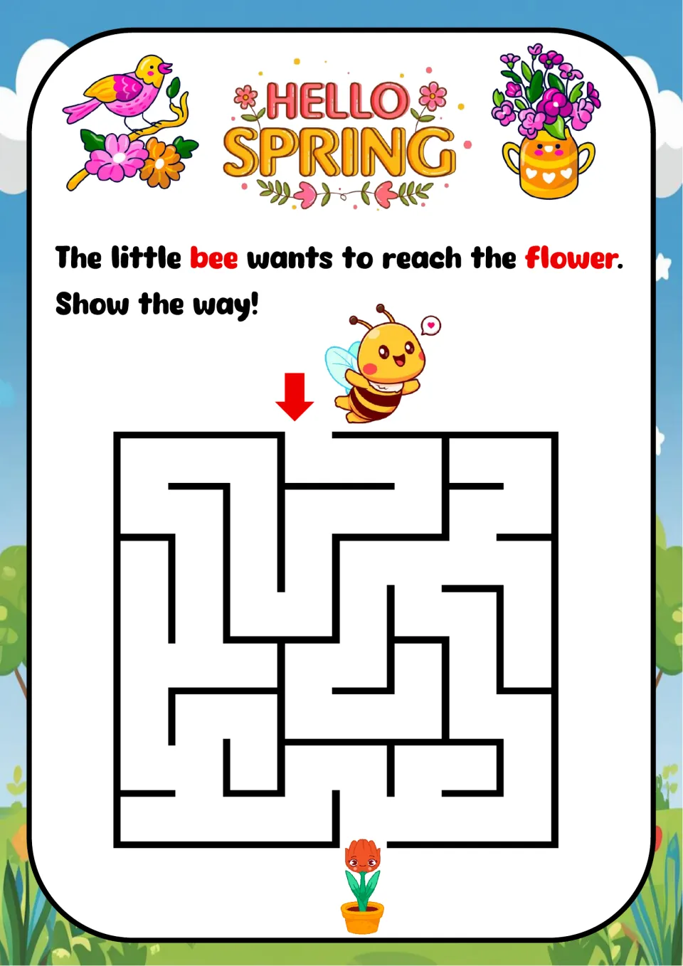Hello Spring bee maze: students trace a path through a square maze to help the little bee reach the potted flower