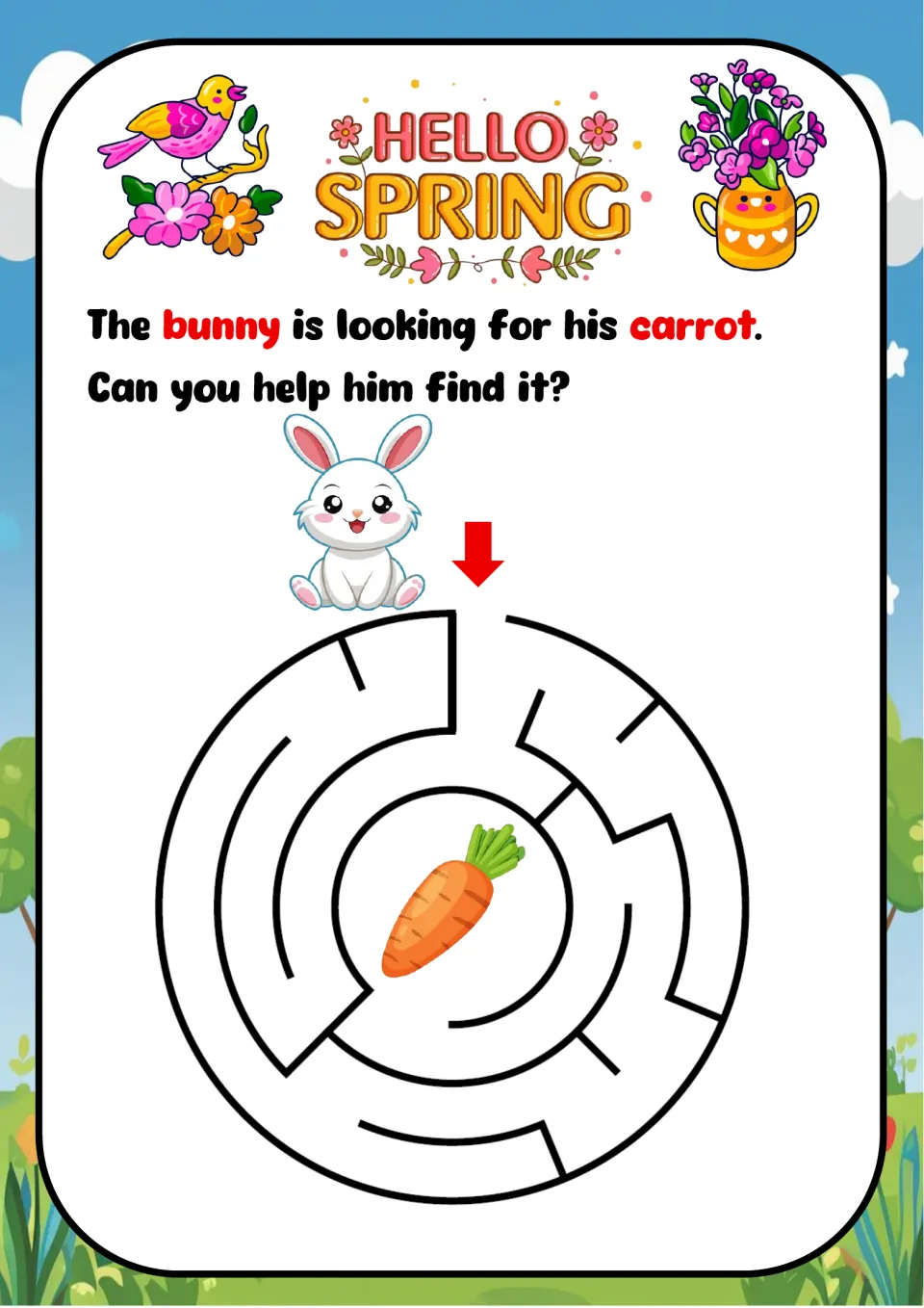 Bunny and carrot maze: children follow a winding circular maze from the entry arrow to the carrot in the center