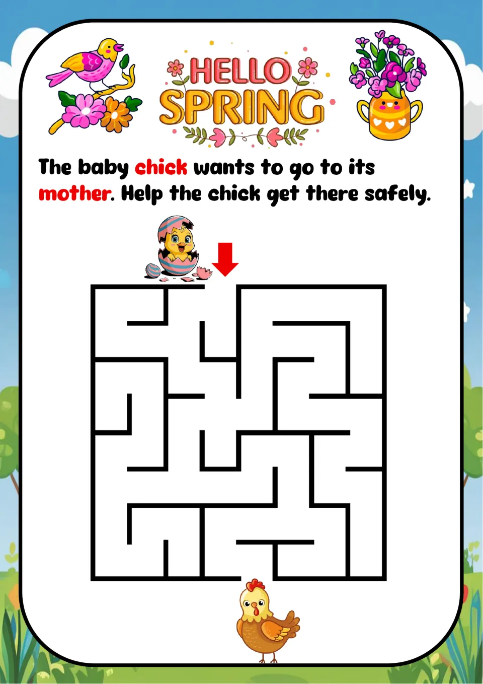Baby chick maze: children draw a route through a square maze so the hatching chick gets safely to its mother hen