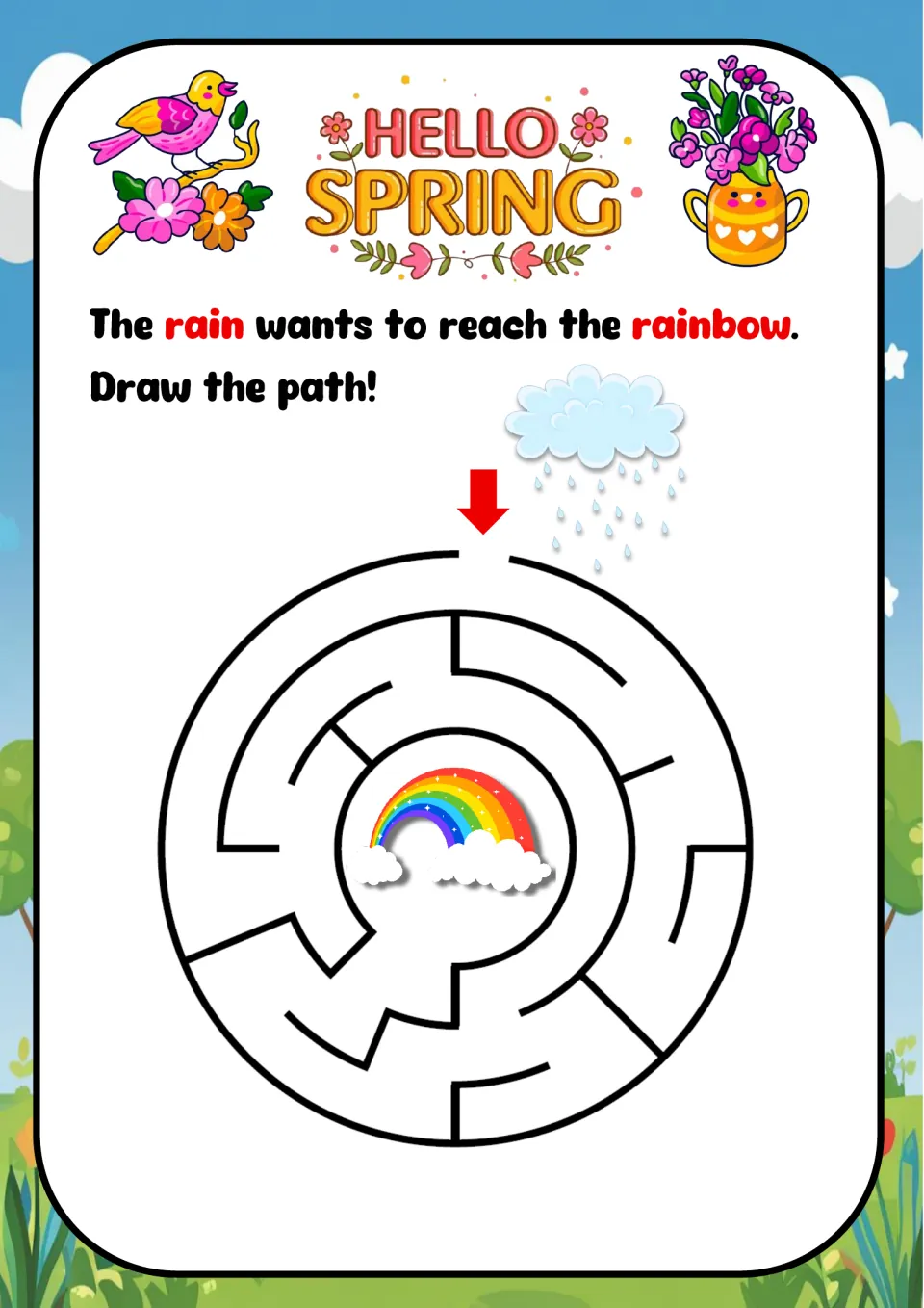 Rain cloud and rainbow maze: students draw a path through a round maze from the rain cloud to the rainbow at its center