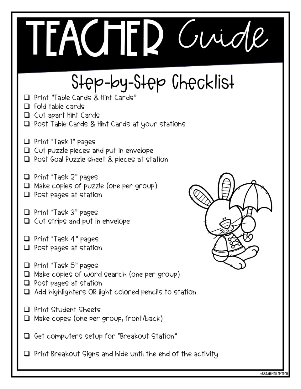 Teacher guide setup checklist: print, cut and post table cards, hint cards and Task 1 to 5 pages, plus Breakout Signs