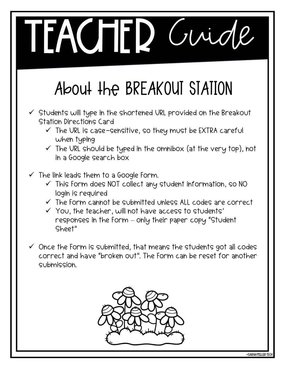 Teacher guide on the breakout station: students type a case-sensitive URL to reach a Google Form that checks all codes