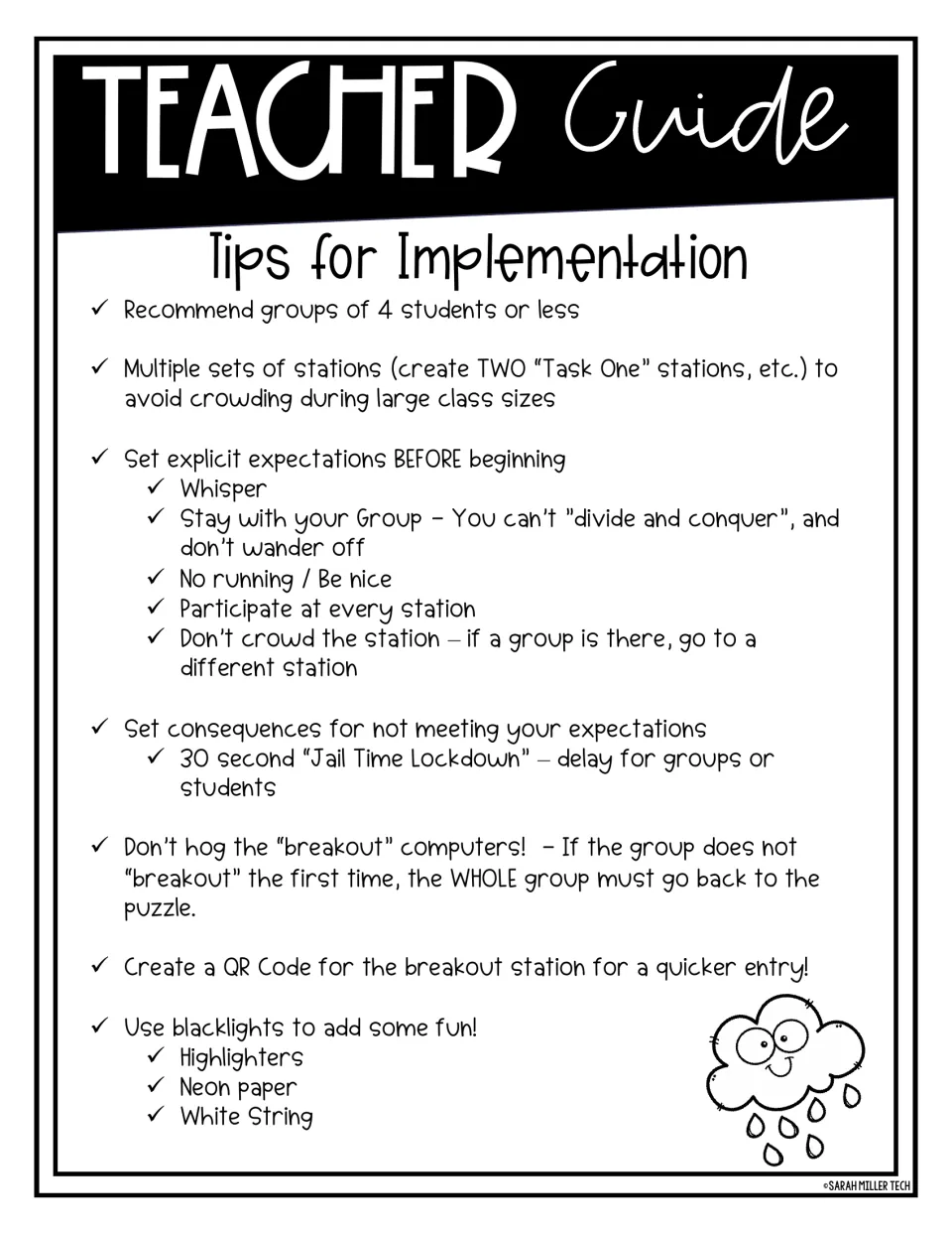Teacher guide tips: groups of 4 or fewer, duplicate stations, expectations, Jail Time Lockdown and blacklight ideas