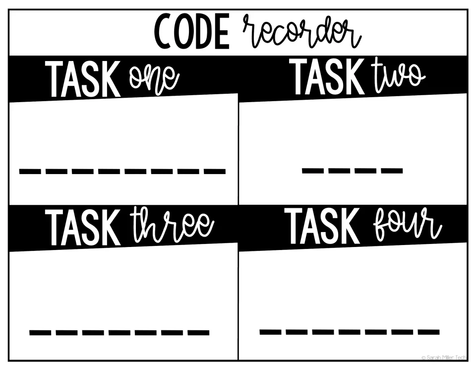 Code recorder student sheet: groups write the codes they solve for Task one, Task two, Task three and Task four