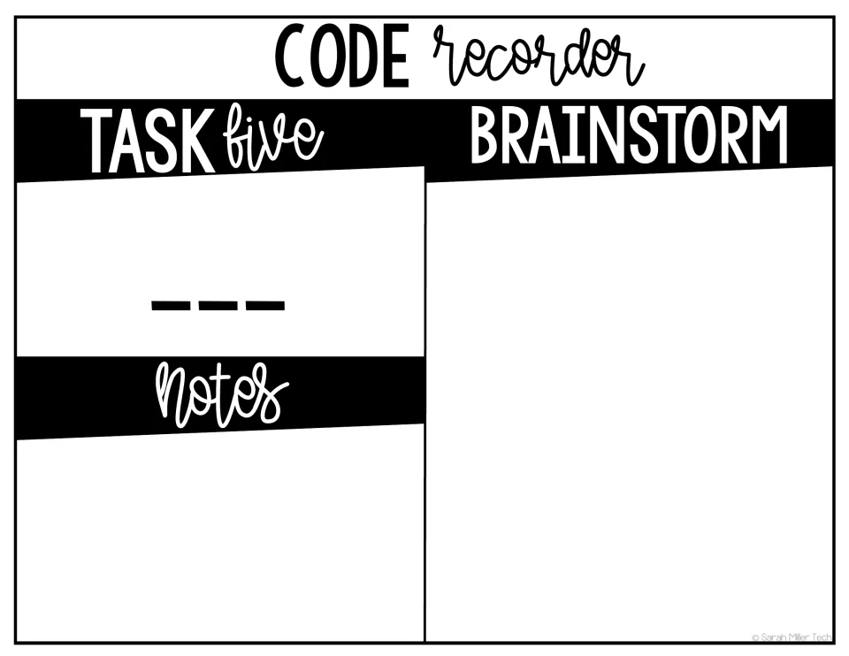 Code recorder back side: groups write the three-letter Task five code and use Notes and Brainstorm space for working out