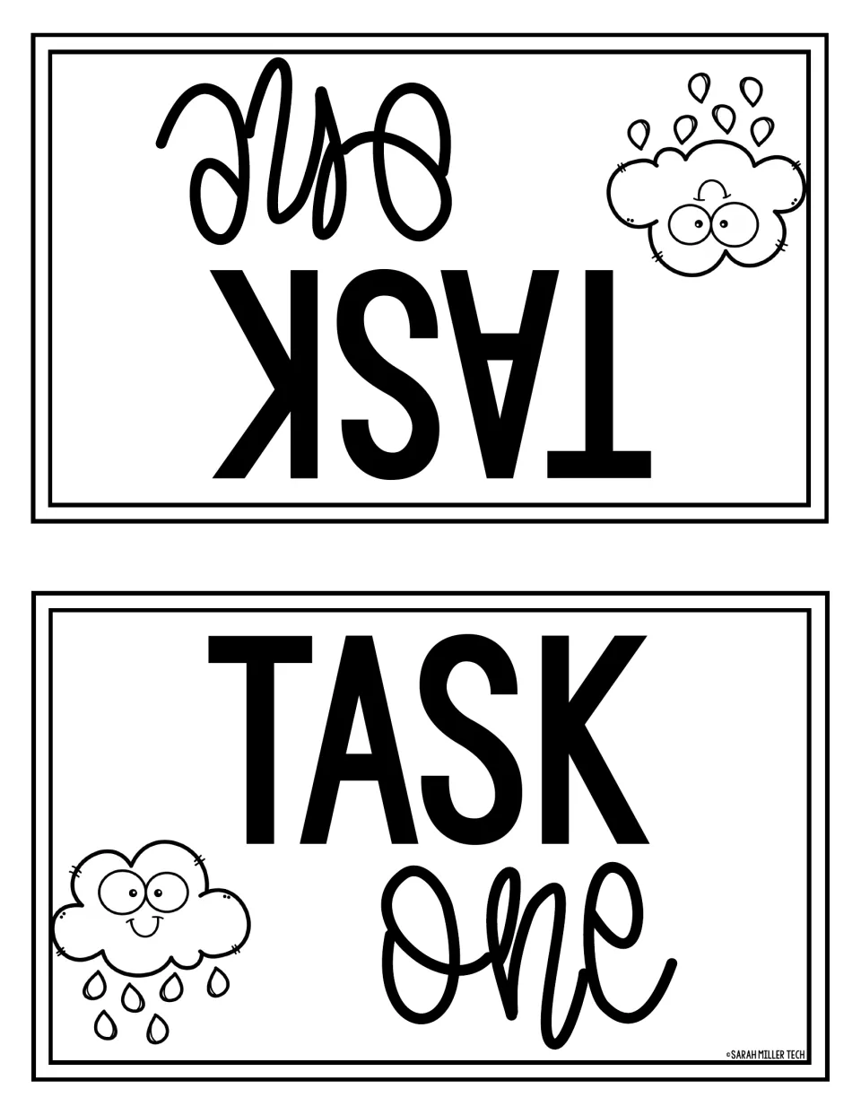 Task One table card that folds in half so the station label reads from both sides, decorated with smiling rain clouds