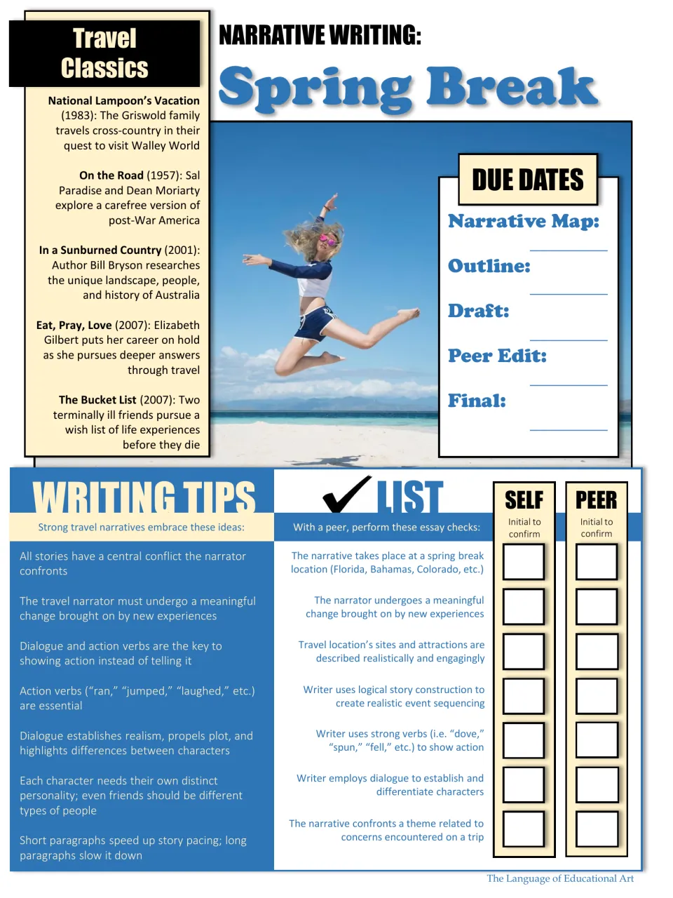 Color narrative writing guide: travel classics, assignment due dates, writing tips, and self and peer checks