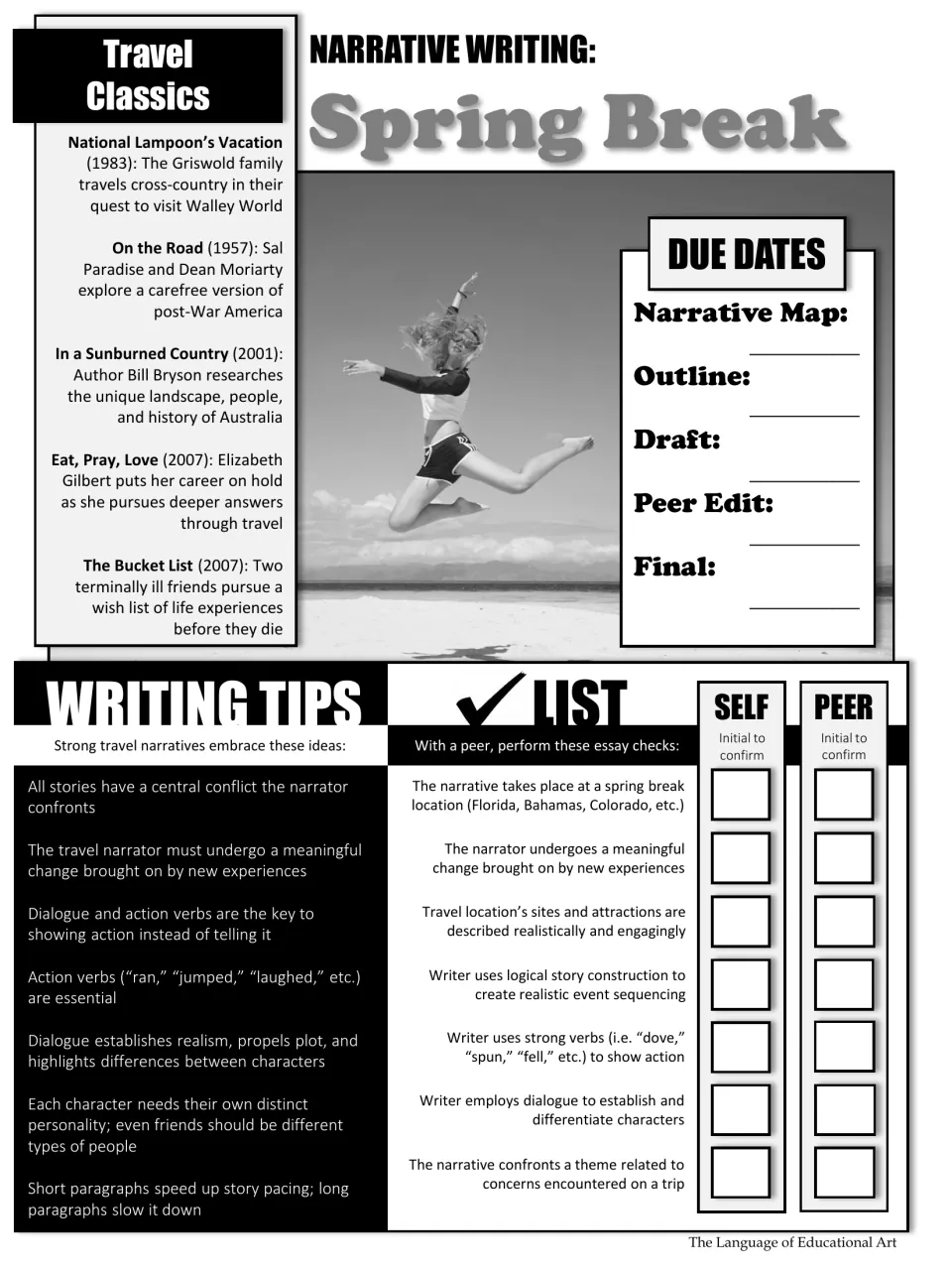 Black-and-white writing guide includes travel classics, due dates, writing tips, and self and peer checks