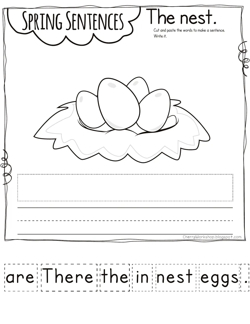 Nest of eggs sentence: students cut out scrambled word cards, paste them in order to build a sentence, then write it