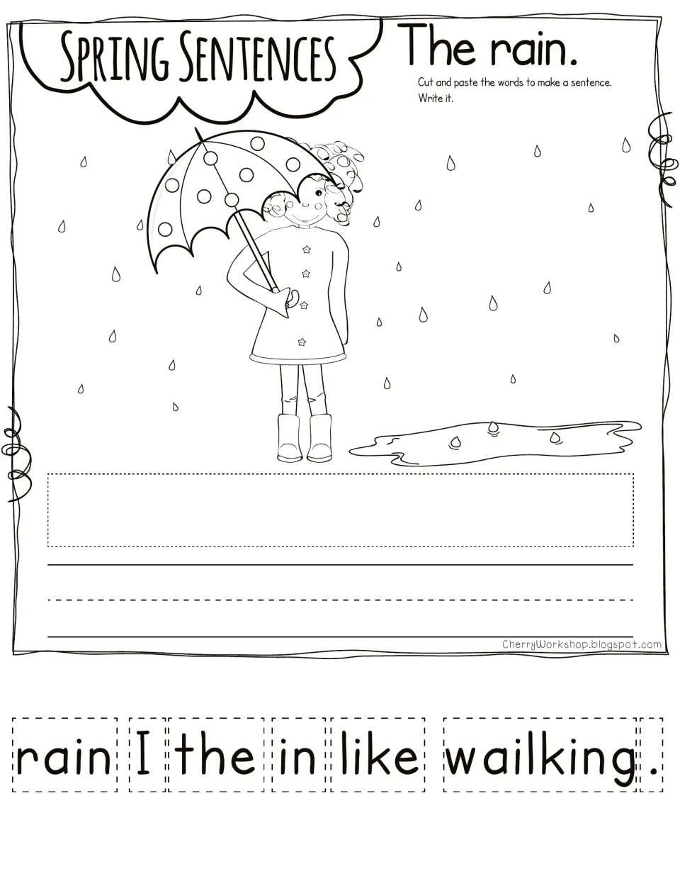 Rainy day sentence: students glue word cards such as I, like and rain in order below a girl with an umbrella, then copy it