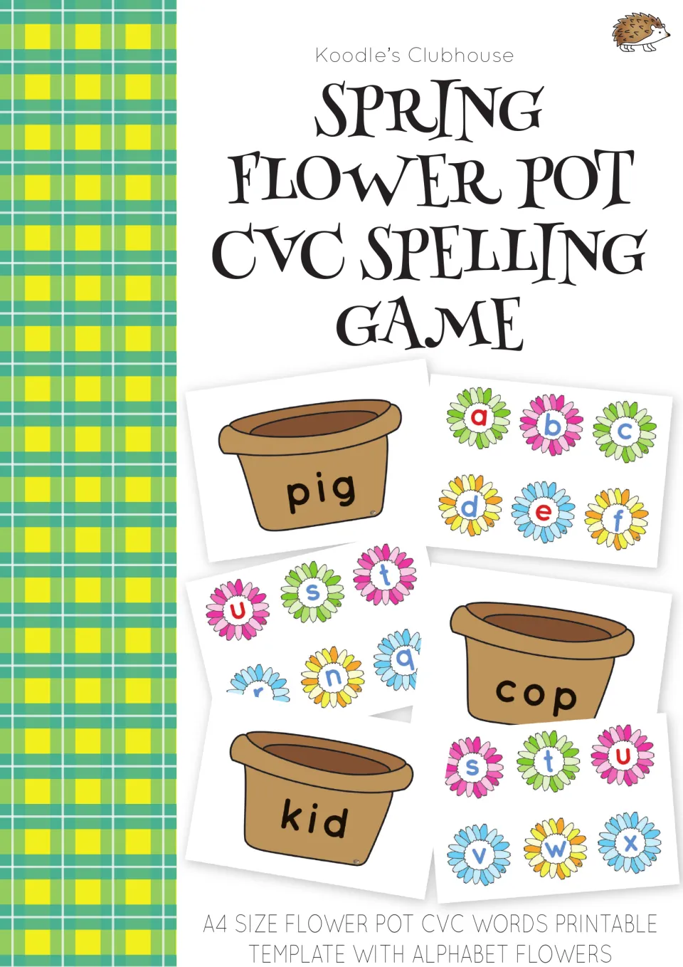 Spring Flower Pot CVC Spelling Game cover: brown pots labeled pig, cop and kid beside daisy flowers with single letters
