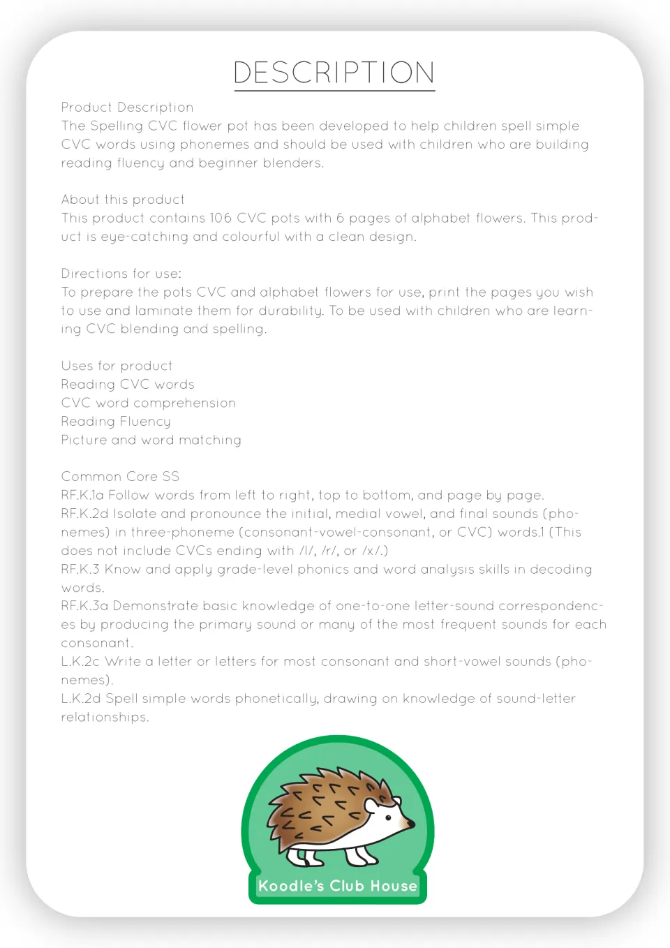 Product description for the CVC flower pots: 106 word pots, 6 pages of alphabet flowers, print-and-laminate directions