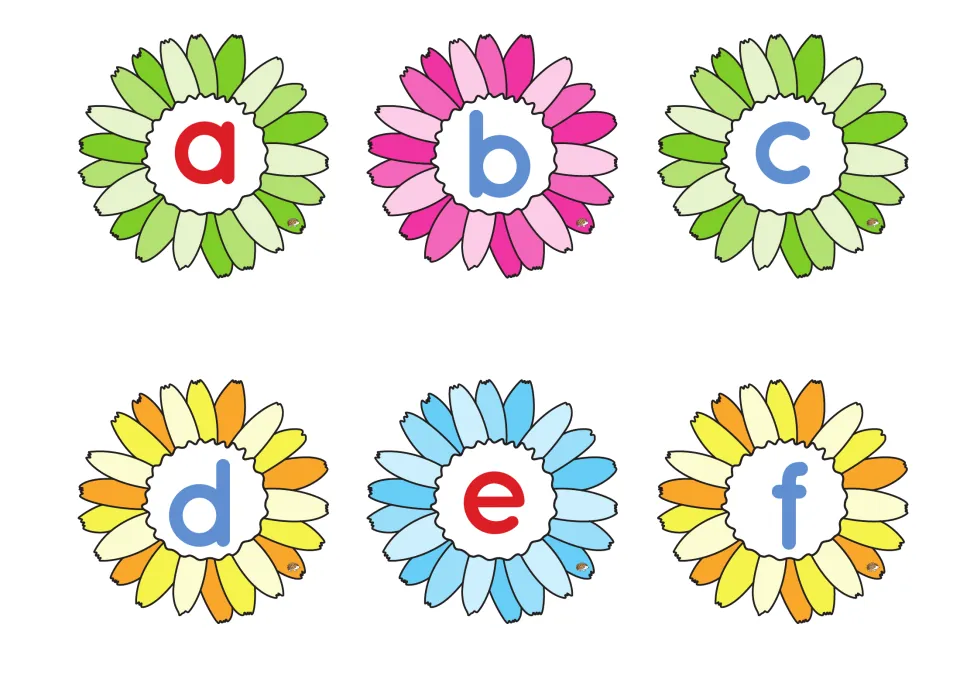 Alphabet flowers a to f: six daisies each holding one lowercase letter, with vowels a and e printed in red for spelling