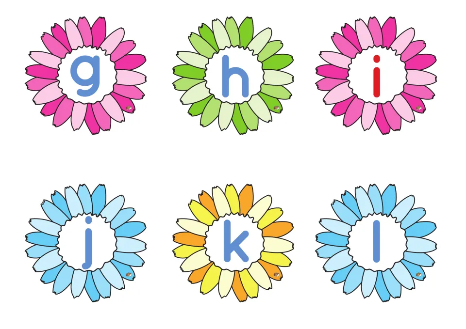 Alphabet flowers g to l: six daisies with one lowercase letter each, the vowel i in red and consonants in blue