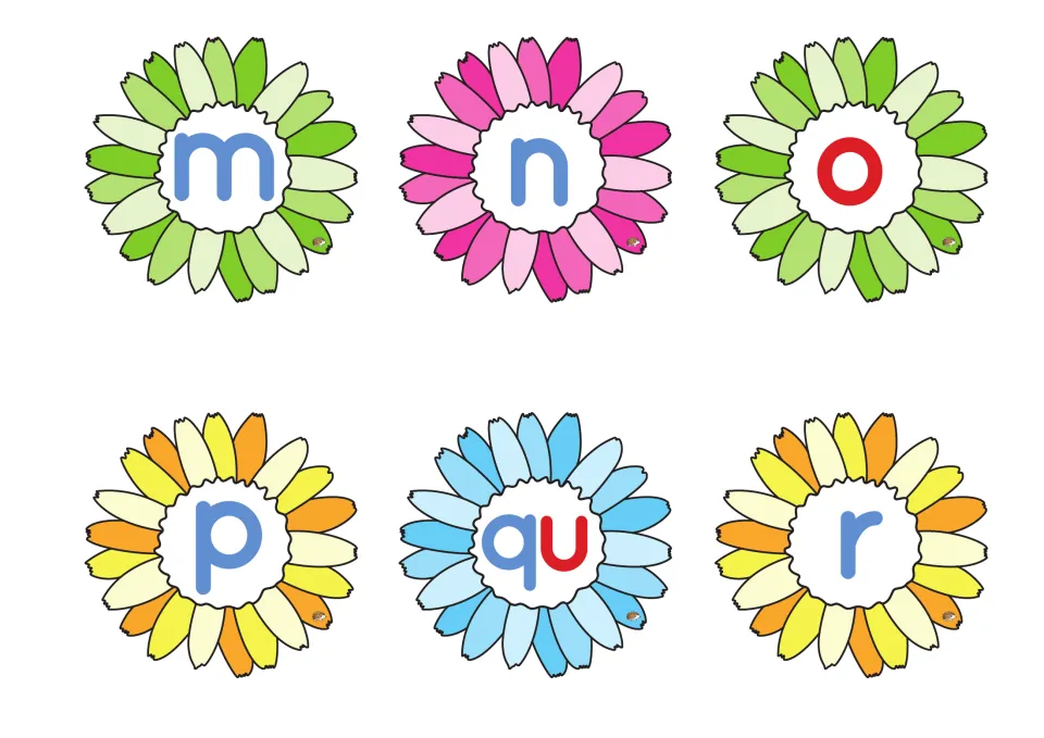 Alphabet flowers m to r: daisies with m, n, o, p, qu and r, where the vowel o and the u in qu are shown in red