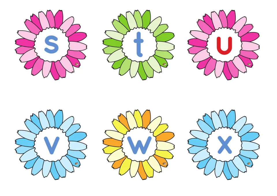 Alphabet flowers s to x: six daisies holding lowercase s, t, u, v, w and x, with the vowel u in red for CVC spelling