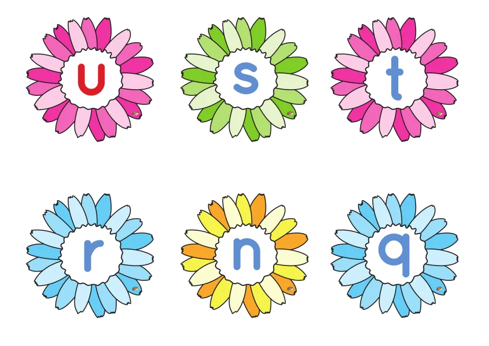 Extra letter flowers: daisies with the vowel u in red and consonants s, t, r, n and q in blue for more spelling