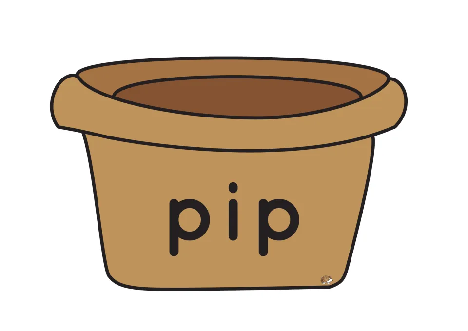 CVC word pot for pip: a brown flower pot printed with the word pip for children to spell with matching letter flowers
