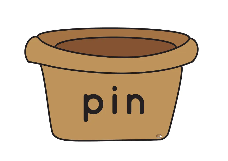 CVC word pot for pin: brown flower pot showing the word pin, to be matched by placing the p, i and n flowers beside it