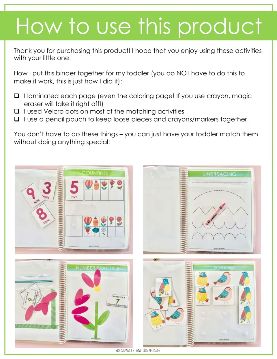 Binder setup instructions explain optional lamination, Velcro dots, and a pencil pouch for loose pieces