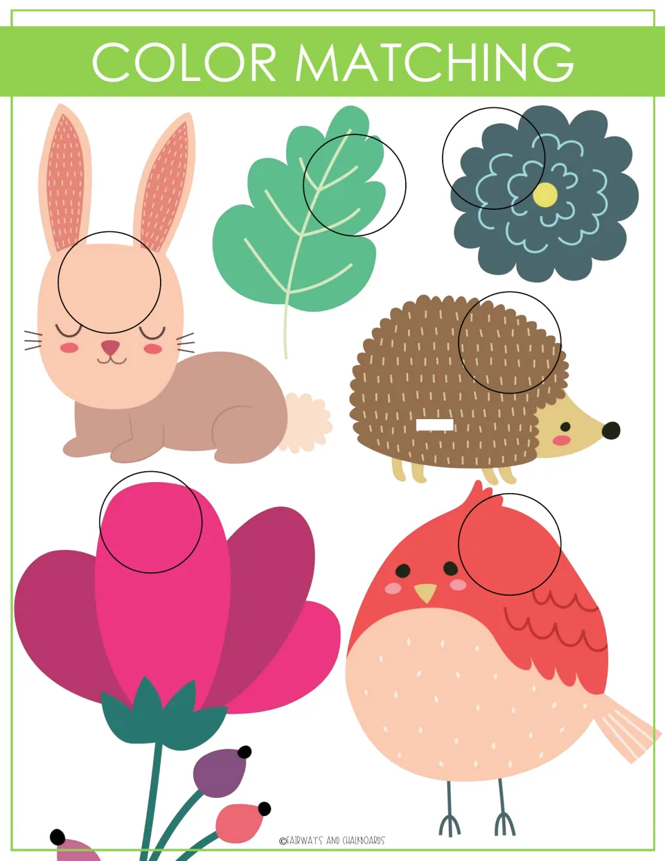Color matching activity uses six targets on a rabbit, leaf, two flowers, hedgehog, and bird for color cutouts
