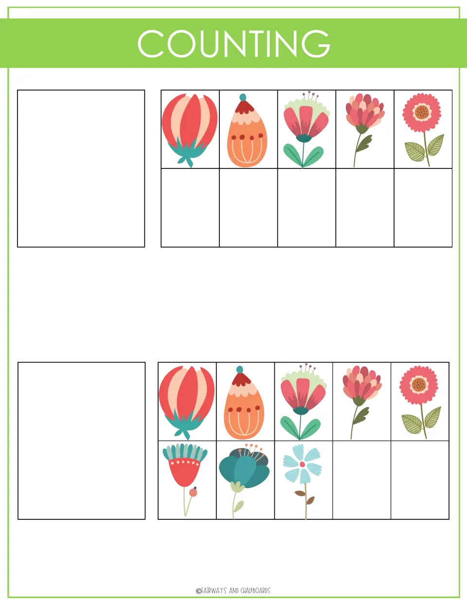 Counting activity sheet 1 shows groups of five and eight flowers to match with the binder's number cutouts