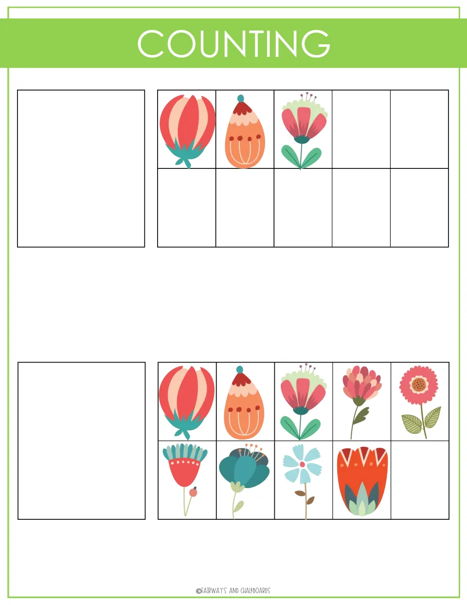 Counting activity sheet 2 shows groups of three and nine flowers to match with the binder's number cutouts